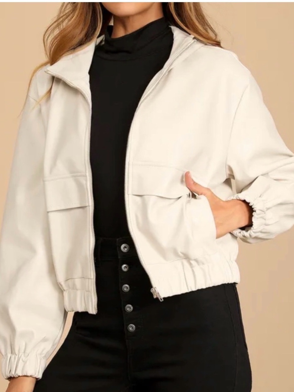 Lulu’s cream faux leather oversized cropped jacket with hood